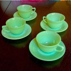 Fire King Jadeite teacups and saucers. Set of 4.